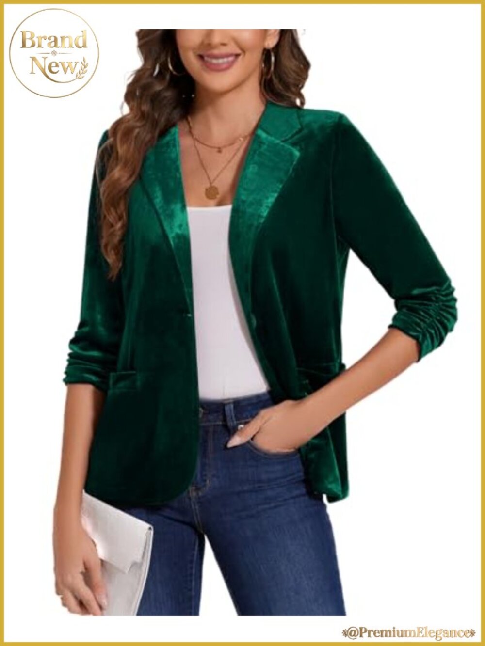 Velvet 3/4 Sleeve Notch Lapel Blazer with Pockets for Women